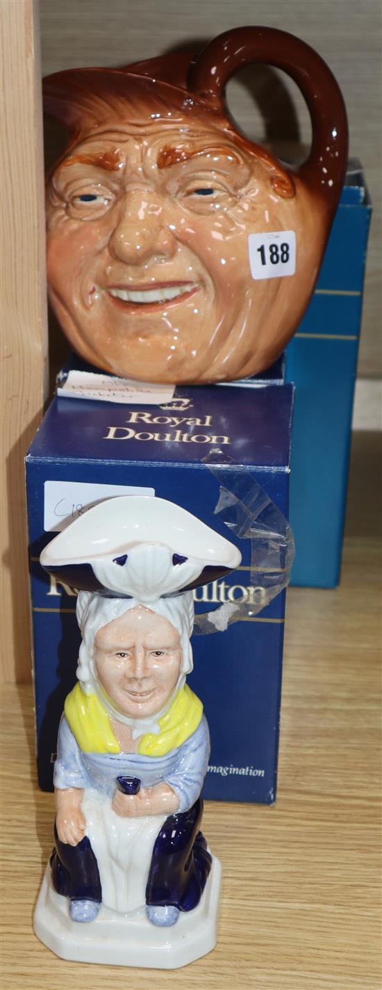 Two Royal Doulton figures: Auctioneer and Schoolmarm and other character jugs etc.
